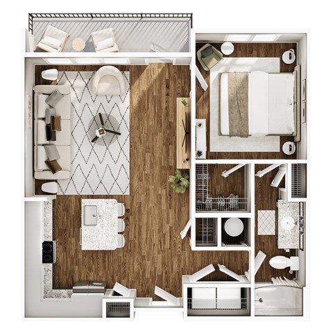 Floor plan for 1 bed, 1 bath, 849 sqft